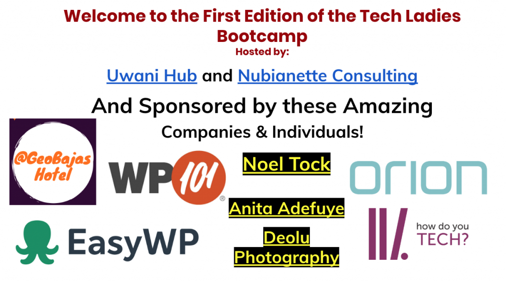 Sponsors of the First Tech Lady Bootcamp 2019 at Uwani Hub