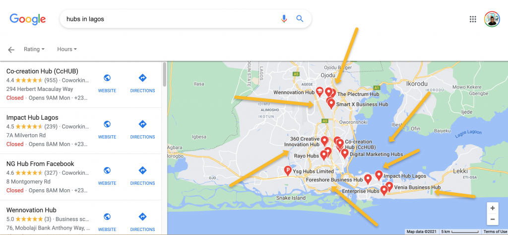 A visual representation from google maps of the search for "Hubs in Lagos"